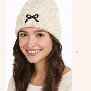 Ivory Bow Beanie Knit Winter Hat